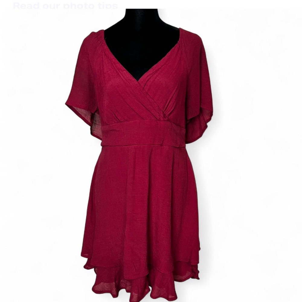AUW Burgundy Mini Dress XL Short Sleeve With Ruffles Back Elastic And V Neck